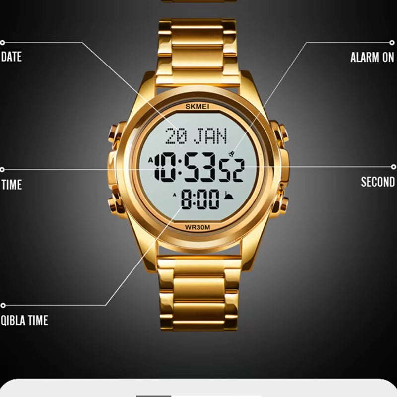 Muslim Azan Clock Watch for Prayer with Qibla Compass Adhan Alarm Hijri Calendar Islamic Al Harameen Watch Men 2020