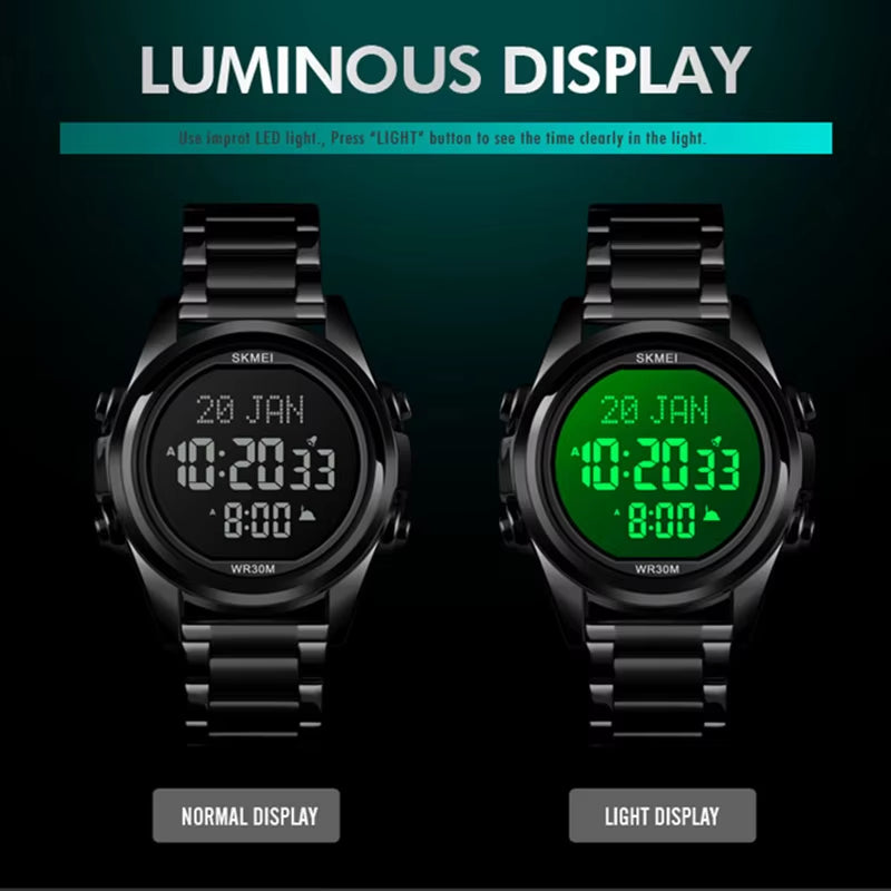 Muslim Azan Clock Watch for Prayer with Qibla Compass Adhan Alarm Hijri Calendar Islamic Al Harameen Watch Men 2020