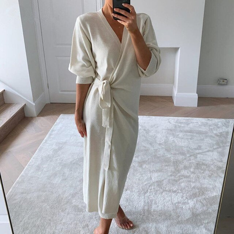 WEPBEL Women Sweater Nightgowns Sleepshirts Elegant Sexy V-Neck Solid Color Long Sweater Robe Home Sweater Wrap Nightdress