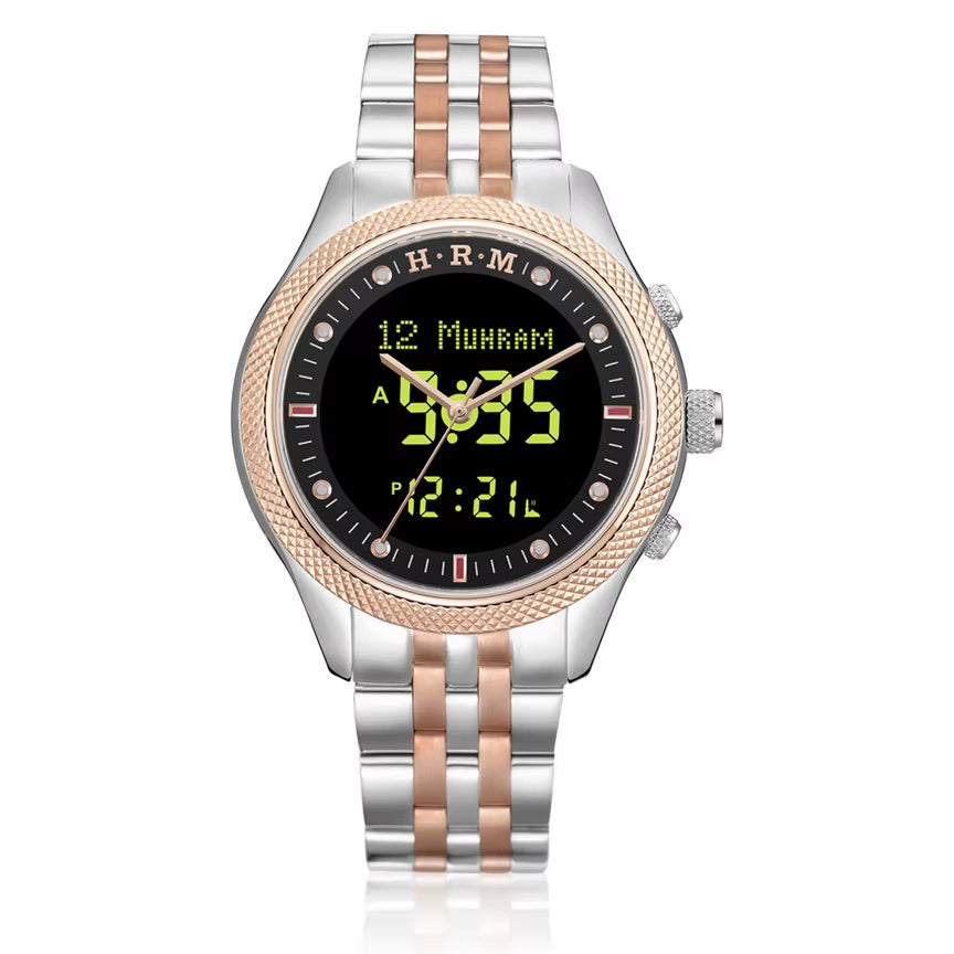 Azan Watch with Qiblah Compass Hijri Calander Stainless Steel Japan Movement Saphire Crystal Waterproof HRM Wrist Clock