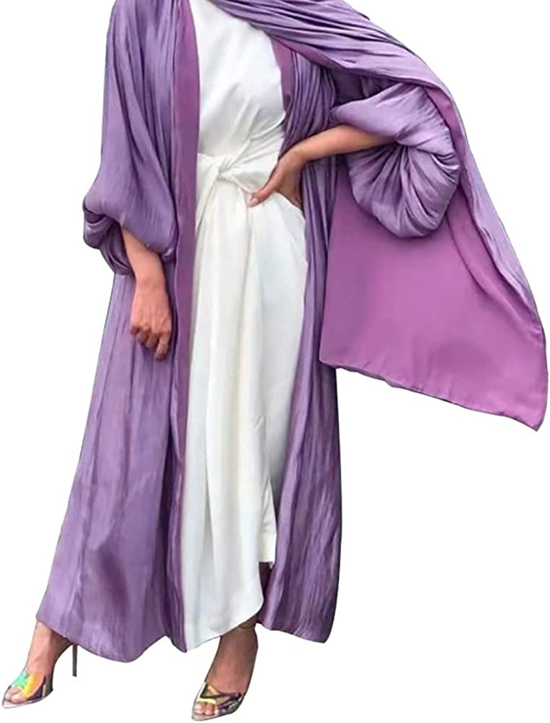 Women Silk Muslim Dresses Abaya with Hijabs Scarf Open Front Cardigan Maxi Dress