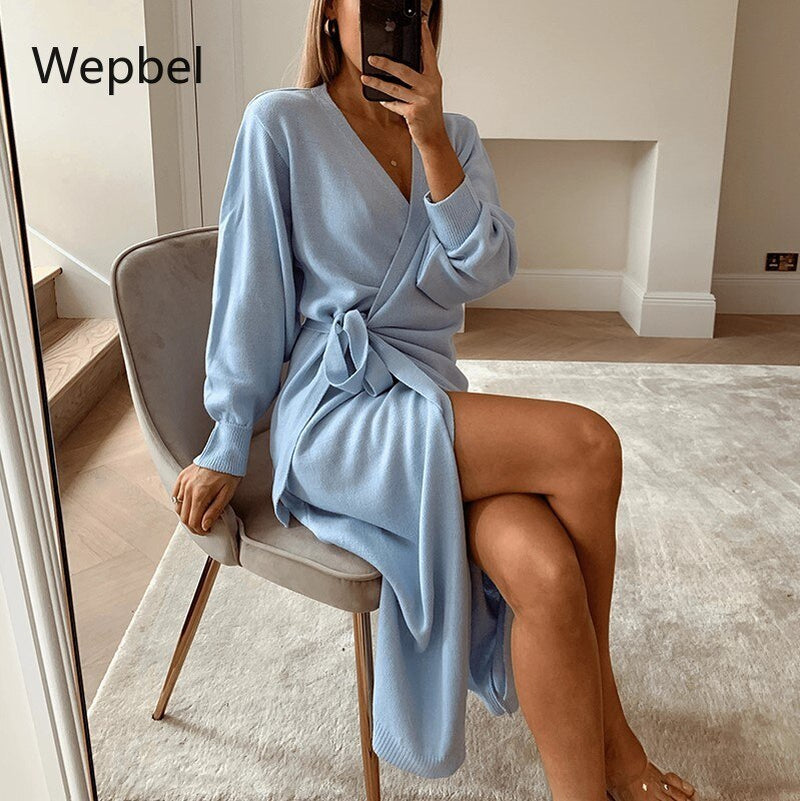 WEPBEL Women Sweater Nightgowns Sleepshirts Elegant Sexy V-Neck Solid Color Long Sweater Robe Home Sweater Wrap Nightdress