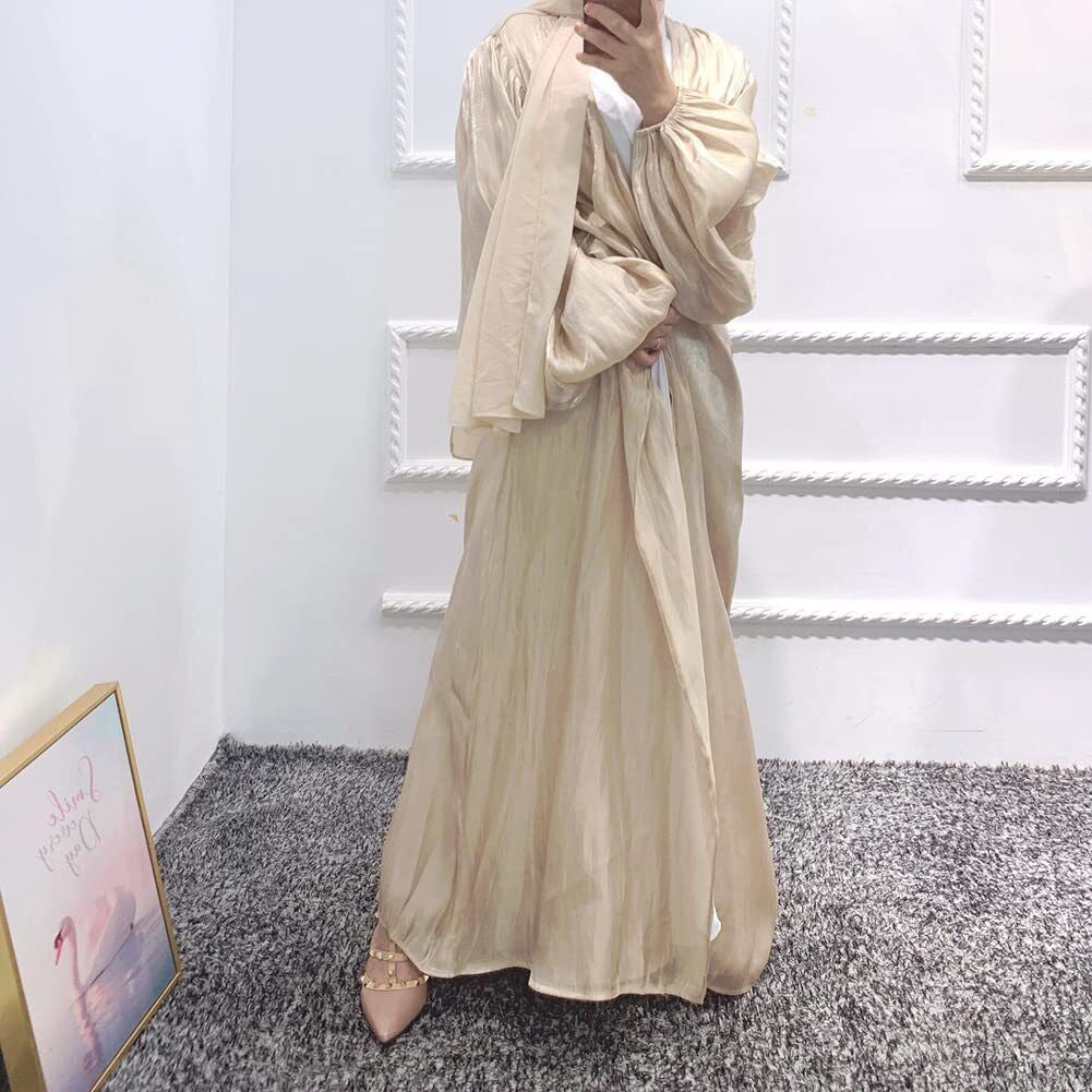 Women Silk Muslim Dresses Abaya with Hijabs Scarf Open Front Cardigan Maxi Dress