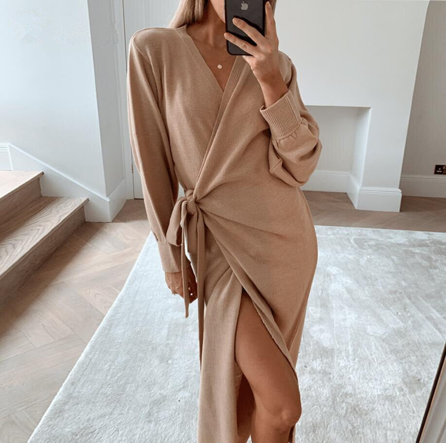 WEPBEL Women Sweater Nightgowns Sleepshirts Elegant Sexy V-Neck Solid Color Long Sweater Robe Home Sweater Wrap Nightdress