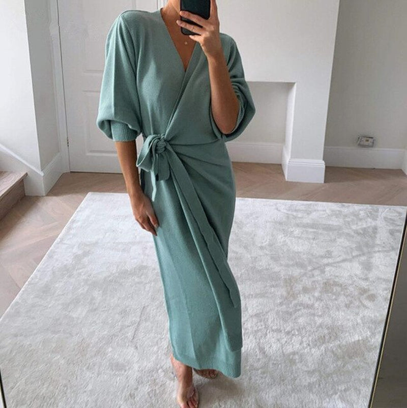 WEPBEL Women Sweater Nightgowns Sleepshirts Elegant Sexy V-Neck Solid Color Long Sweater Robe Home Sweater Wrap Nightdress