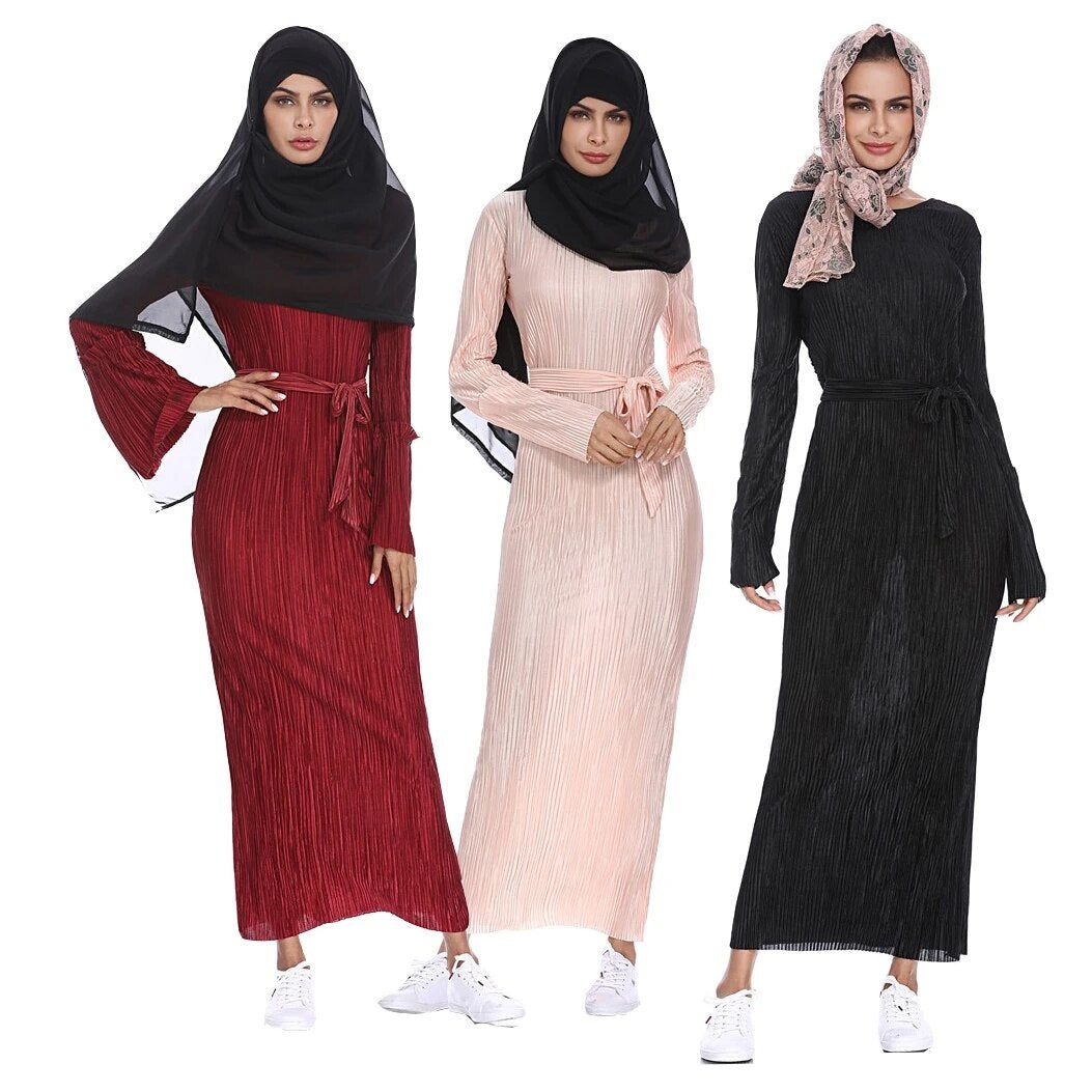 Wepbel plus Size Pleated Dress Women Abaya Summer Long Sleeve Muslim Abaya Popular Arab Middle East Turkish Robe Dress