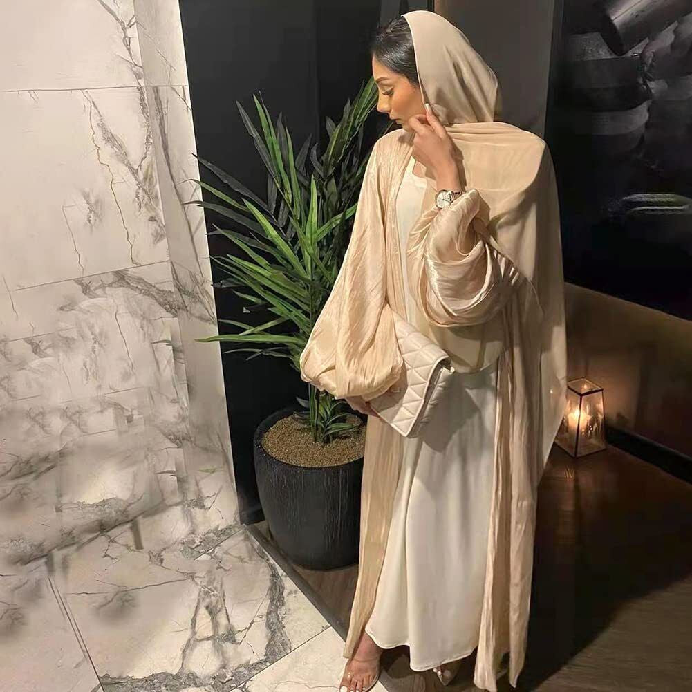 Women Silk Muslim Dresses Abaya with Hijabs Scarf Open Front Cardigan Maxi Dress