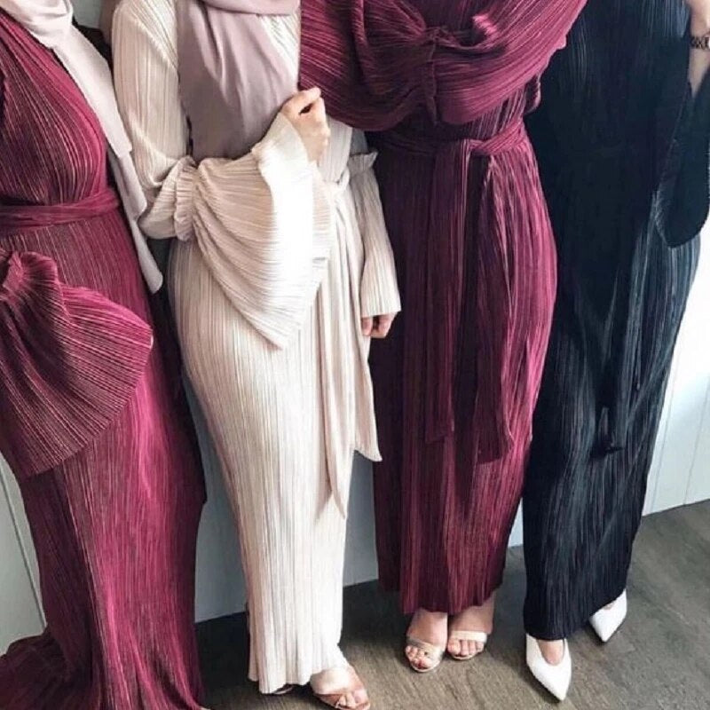 Wepbel plus Size Pleated Dress Women Abaya Summer Long Sleeve Muslim Abaya Popular Arab Middle East Turkish Robe Dress