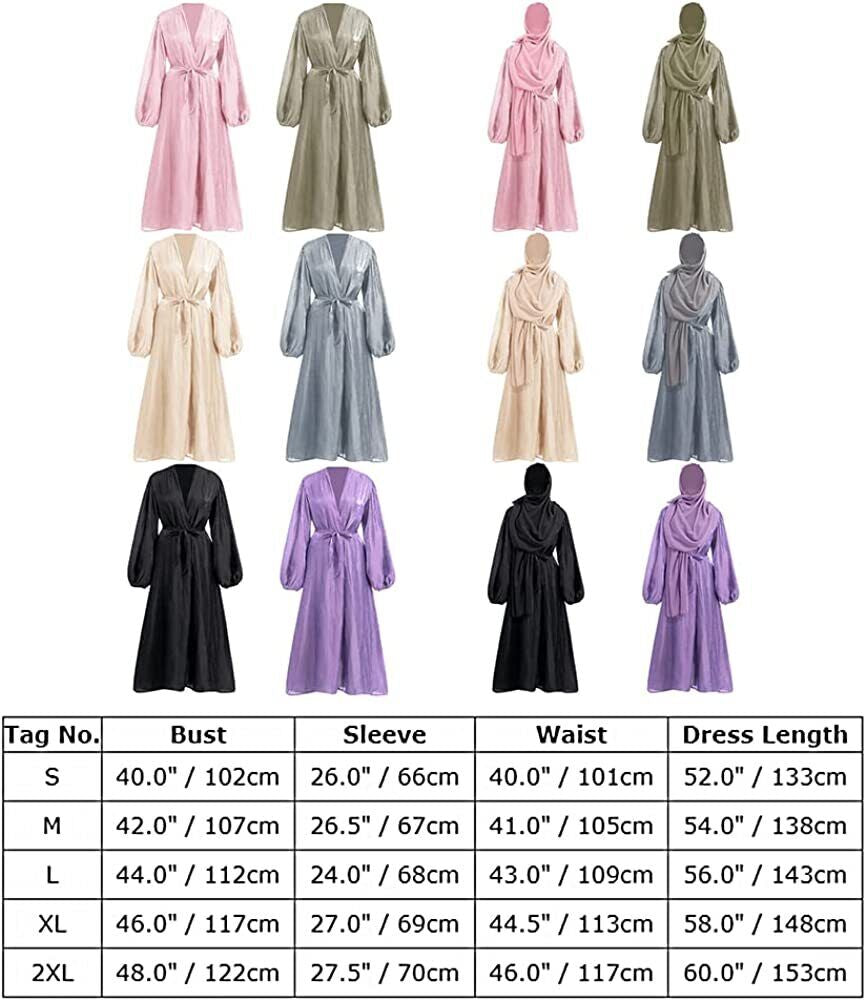 Women Silk Muslim Dresses Abaya with Hijabs Scarf Open Front Cardigan Maxi Dress