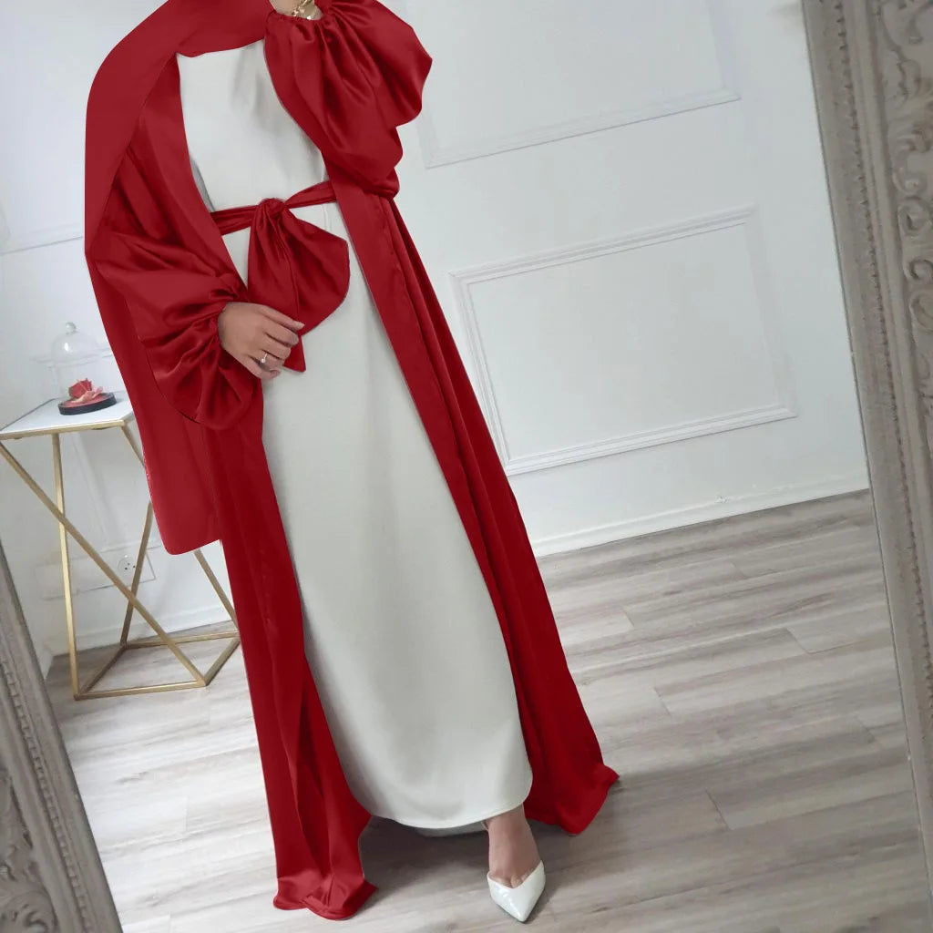 Satin Kimono Abaya Dubai Abayas for Women Muslim Fashion Hijab Dress Balloon Sleeve Islam Clothes Turkey Outfit Cardigan Kaftan