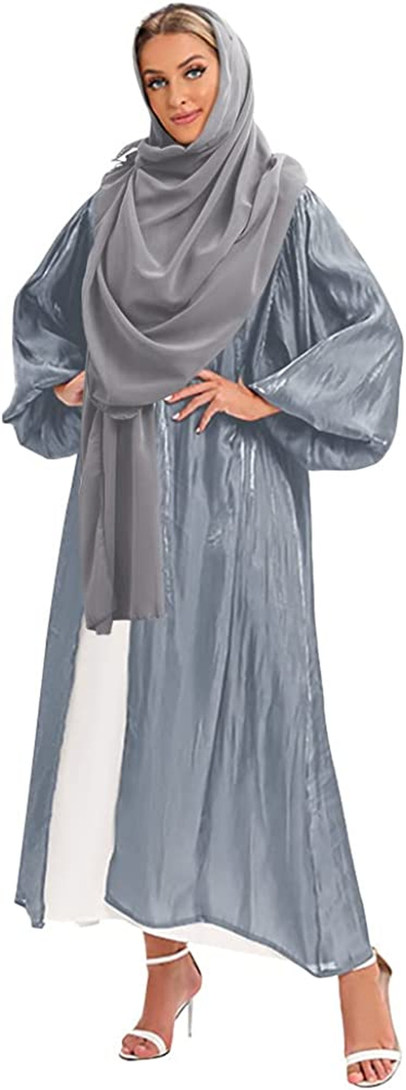 Women Silk Muslim Dresses Abaya with Hijabs Scarf Open Front Cardigan Maxi Dress