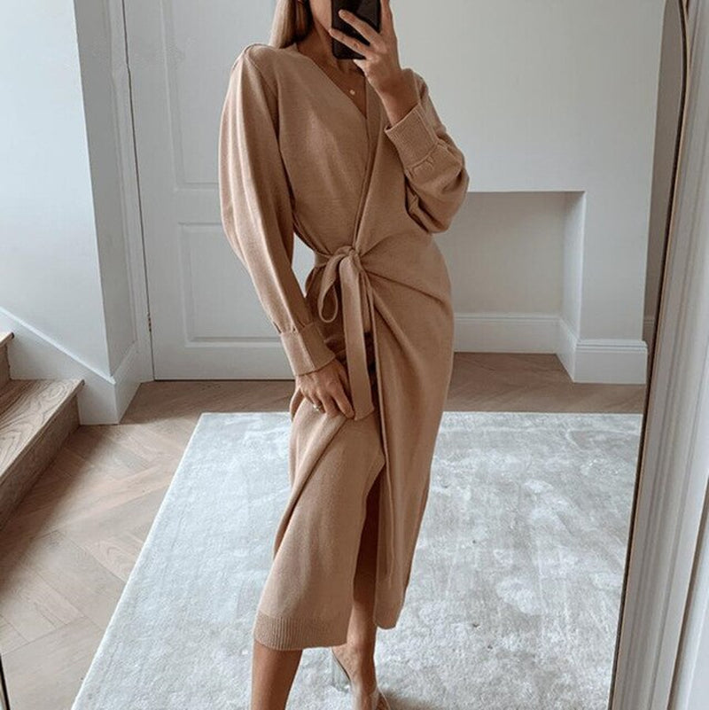 WEPBEL Women Sweater Nightgowns Sleepshirts Elegant Sexy V-Neck Solid Color Long Sweater Robe Home Sweater Wrap Nightdress