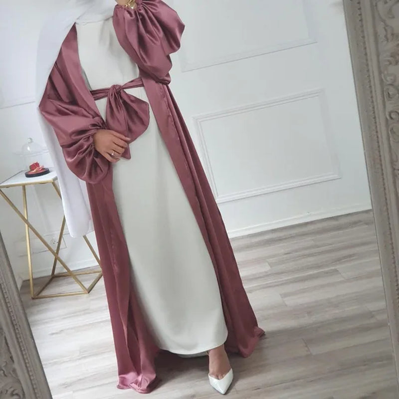 Satin Kimono Abaya Dubai Abayas for Women Muslim Fashion Hijab Dress Balloon Sleeve Islam Clothes Turkey Outfit Cardigan Kaftan