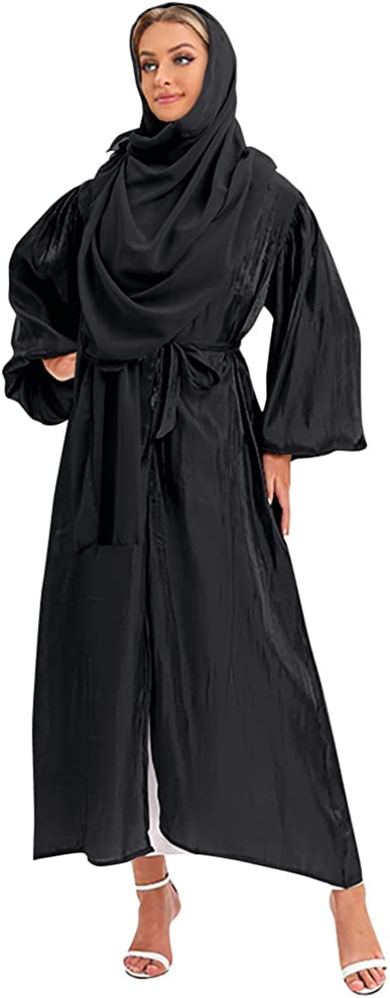 Women Silk Muslim Dresses Abaya with Hijabs Scarf Open Front Cardigan Maxi Dress