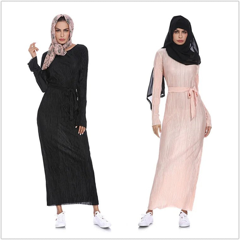 Wepbel plus Size Pleated Dress Women Abaya Summer Long Sleeve Muslim Abaya Popular Arab Middle East Turkish Robe Dress